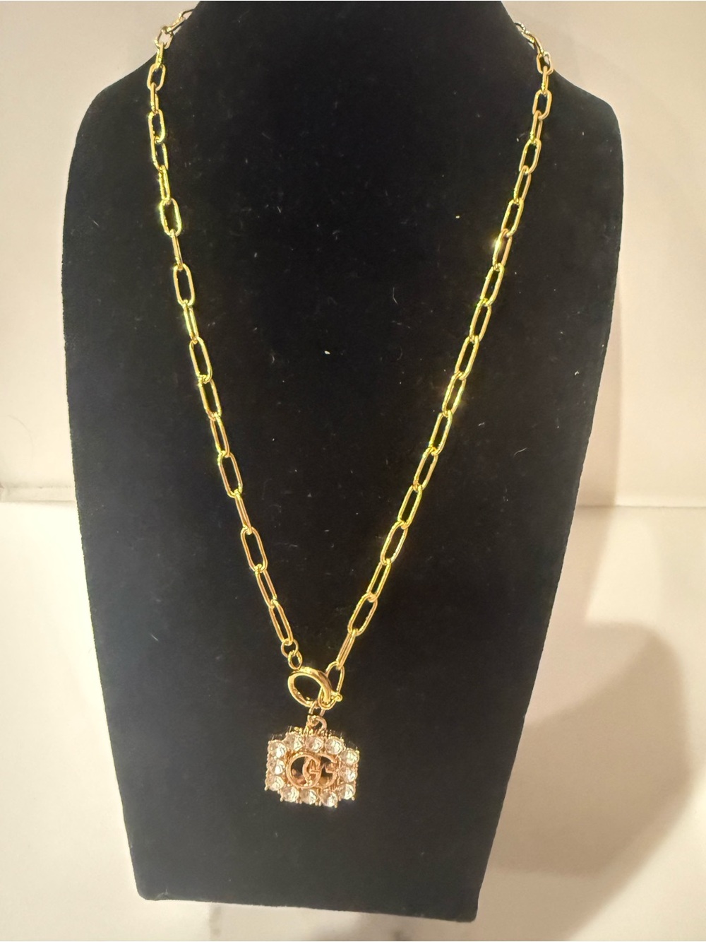 Upcycled Gucci Gold Crystal GG Charm Pendant Necklace - Picture 10 of 12